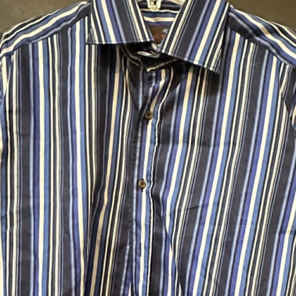Etro Blue Button Down Shirt Dress Formal Cotton Size XL Extra Large 43 Striped - Picture 2 of 8